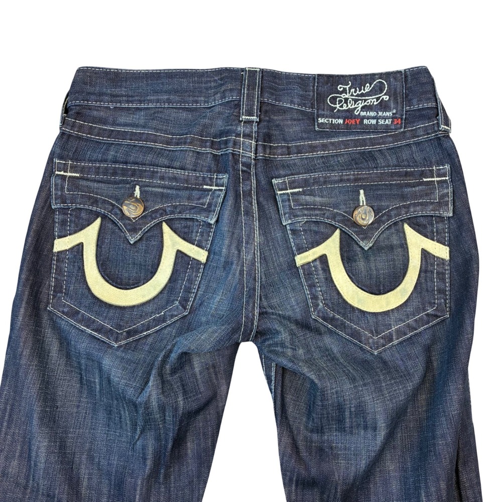 True Religion Joey Jeans Mens 32x30 Dark Wash Flare Twisted Seam Horseshoe Logo